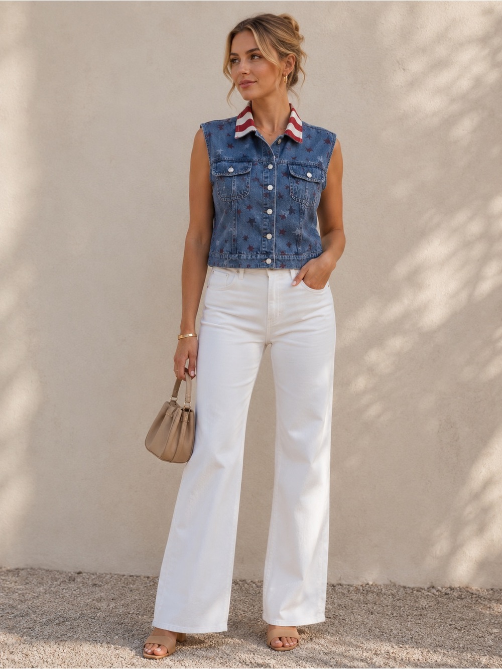 Vintage Quizz Again Jeans Sleeveless Star Print Denim Vest with Striped Collar